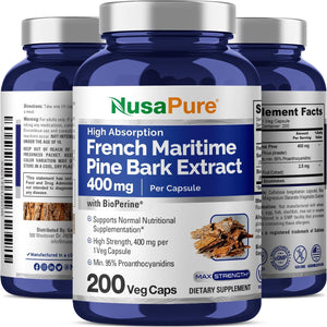 Nusapure French Maritime Pine Bark Extract 400Mg per Veggie Caps 200-Day Supply Bioperine Non-Gmo Vegan