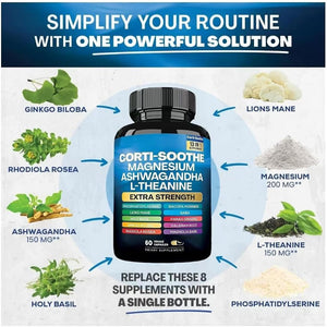 Corti-Soothe Cortisol Supplement Magnesium Glycinate 200Mg, L-Theanine 150Mg Ashwagandha 150Mg (60 Capsules)