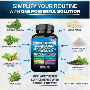 Corti-Soothe Cortisol Supplement Magnesium Glycinate 200Mg, L-Theanine 150Mg Ashwagandha 150Mg (60 Capsules).