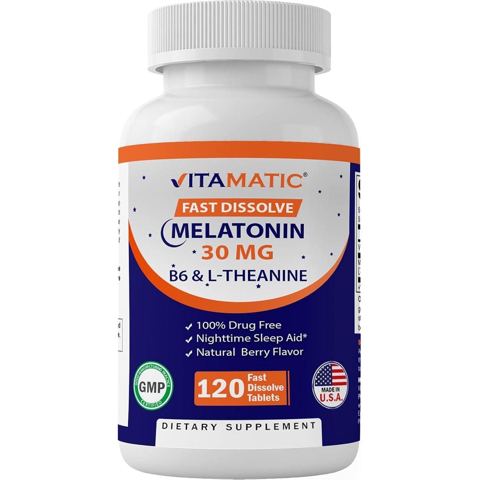 Vitamatic Melatonin 30Mg - with B6 & L-Theanine - 120 Fast Dissolve Tablets
