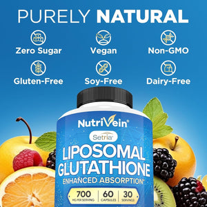 Nutrivein Premium Liposomal Glutathione Supplement 700 Mg - Cell Protection, Cleansing, Liver, Brain, and Defenses 60 Caps