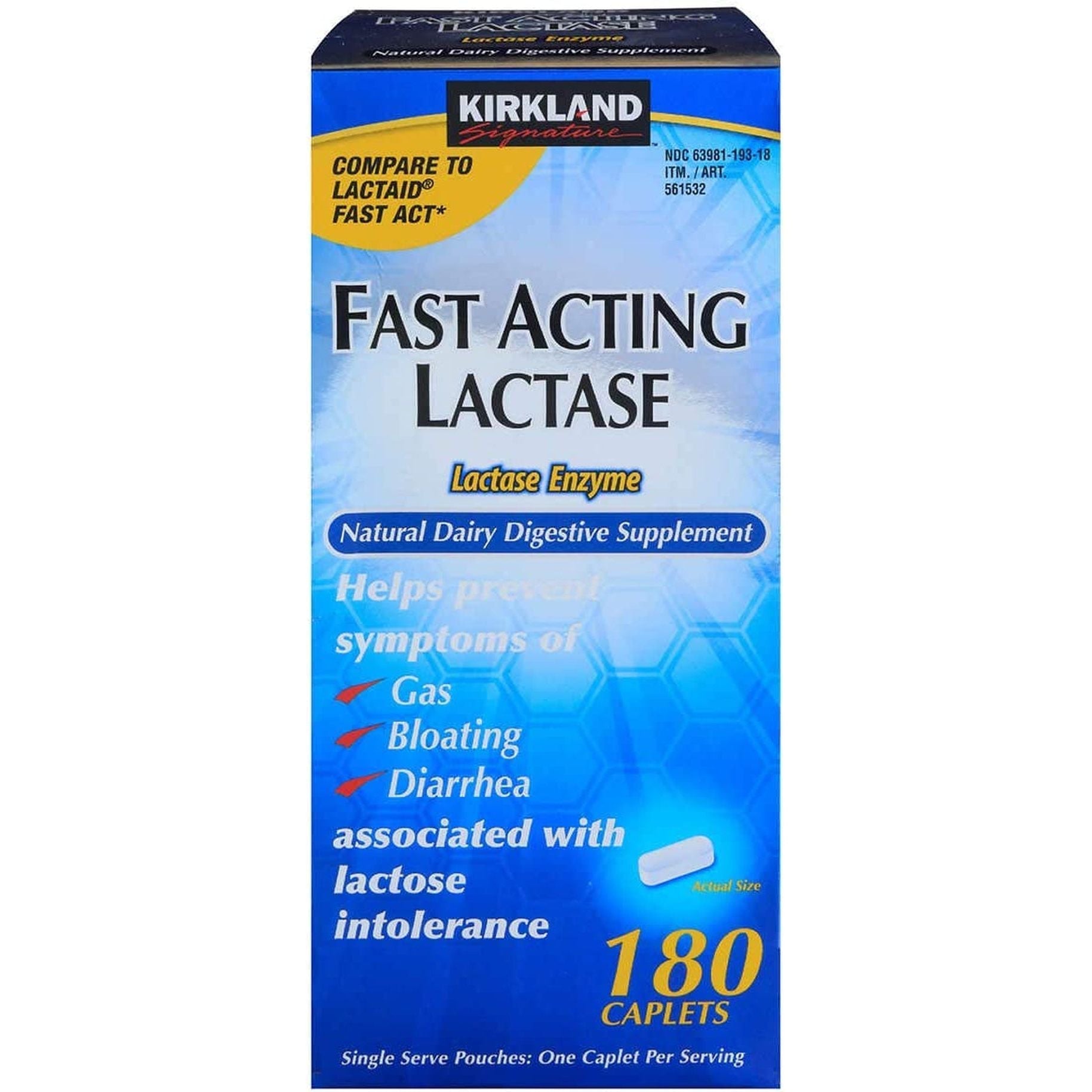 Kirkland Signature Fast Acting Lactase Natural Dairy Digestive Supplement, 180-Count Caplets
