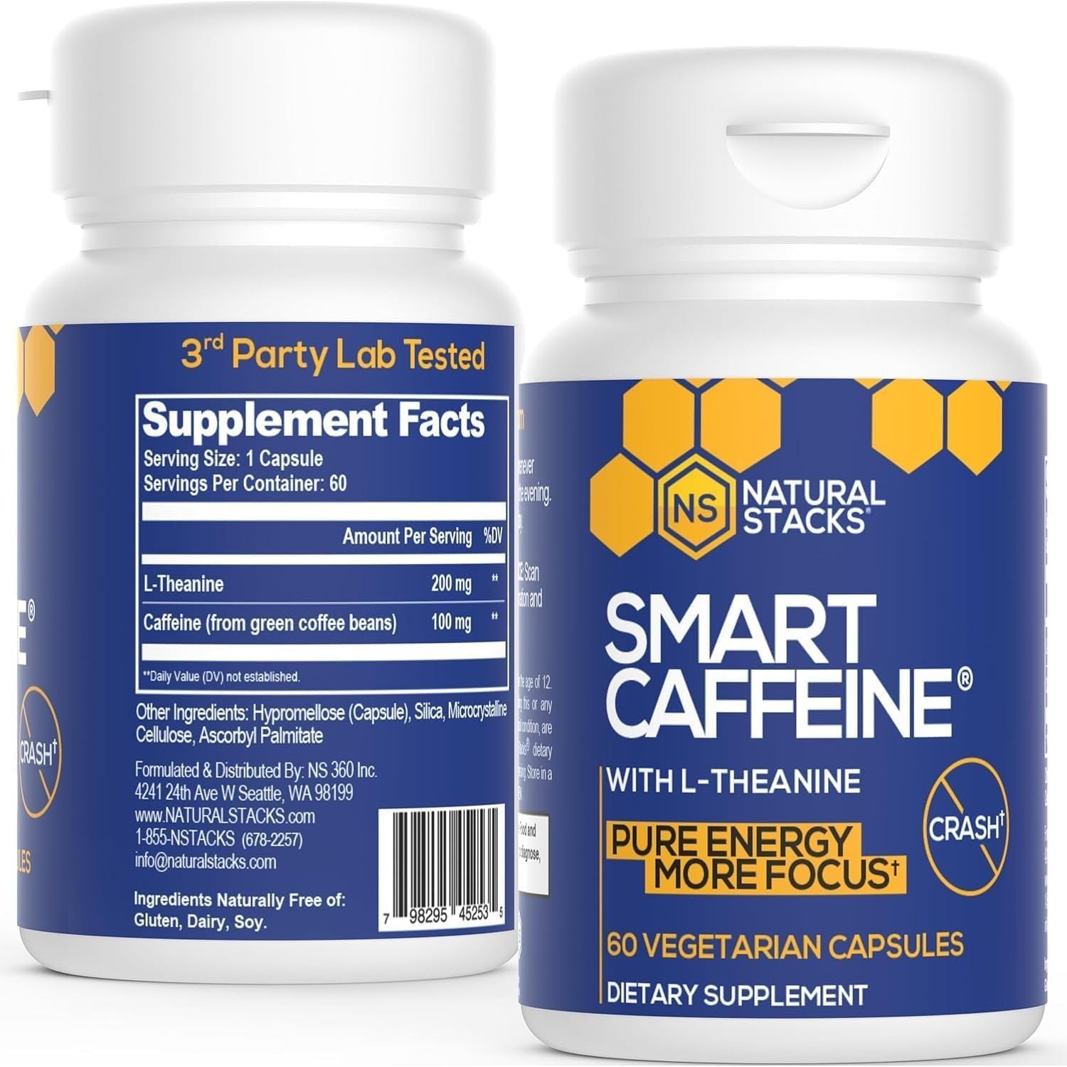 NATURAL STACKS Smart Caffeine Pills - 100Mg Caffeine + 200Mg L-Theanine Supplement 60 Capsules
