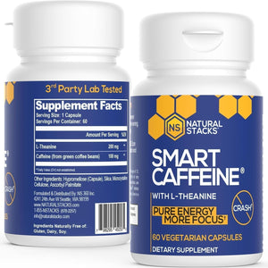 NATURAL STACKS Smart Caffeine Pills - 100Mg Caffeine + 200Mg L-Theanine Supplement 60 Capsules