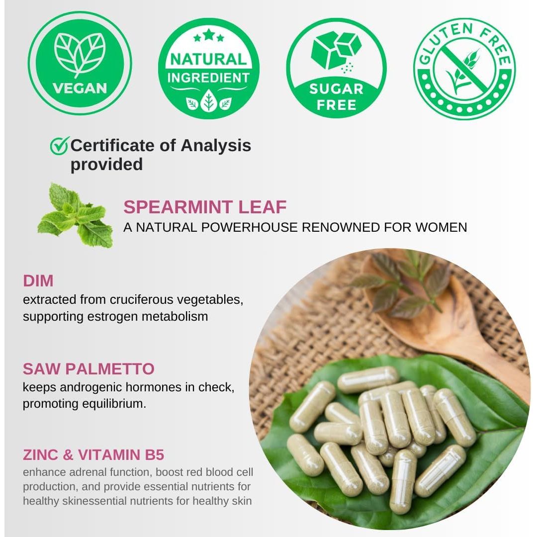 Spearmint Leaf Capsules Supplement - Enhanced with DIM & Saw Palmetto, for Unwanted Hair, Women' Health & Skin *USA Made & Tested* - 1380Mg/Serving, 60 Capsules (30 Servings)