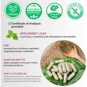 Spearmint Leaf Capsules Supplement - Enhanced with DIM & Saw Palmetto, for Unwanted Hair, Women' Health & Skin *USA Made & Tested* - 1380Mg/Serving, 60 Capsules (30 Servings)