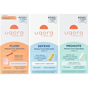 Uqora Complete Regimen with Flush, Defend & Promote - Urinary Tract Support with D-Mannose, Vitamin C, Green Tea Extract, Probiotics & More - Comprehensive Bladder Health Support* - 3-Part Bundle