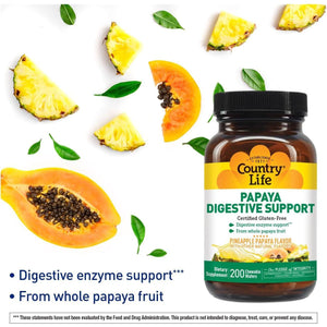 Country Life, Papaya Digestive Support, Daily Enzymes to Promote Digestive Health and Nutrient Absorption, 200 Count.