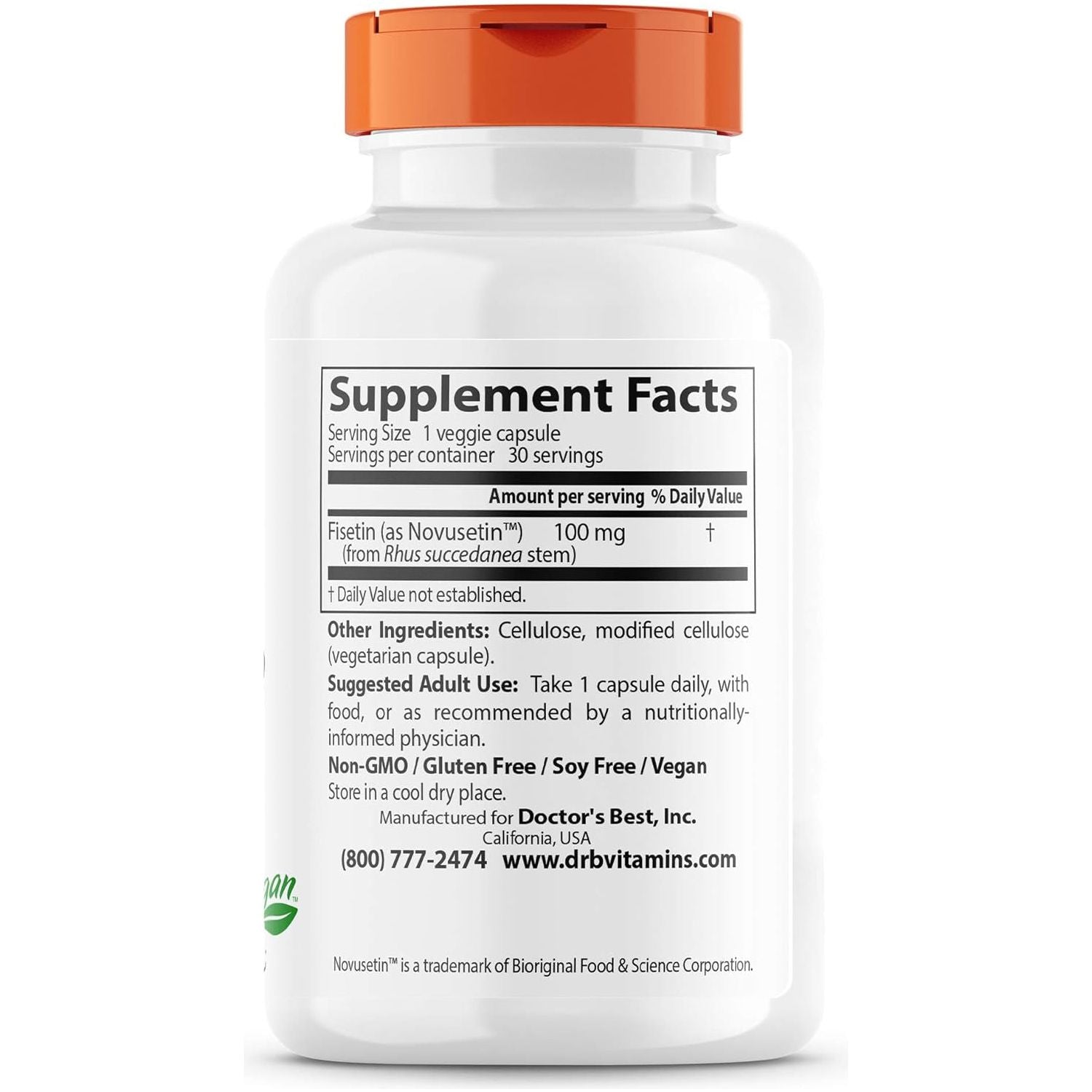 Doctor'S Best Fisetin with Novusetin, Non-Gmo, Vegan, Gluten & Soy Free, 100 Mg, 30 Count