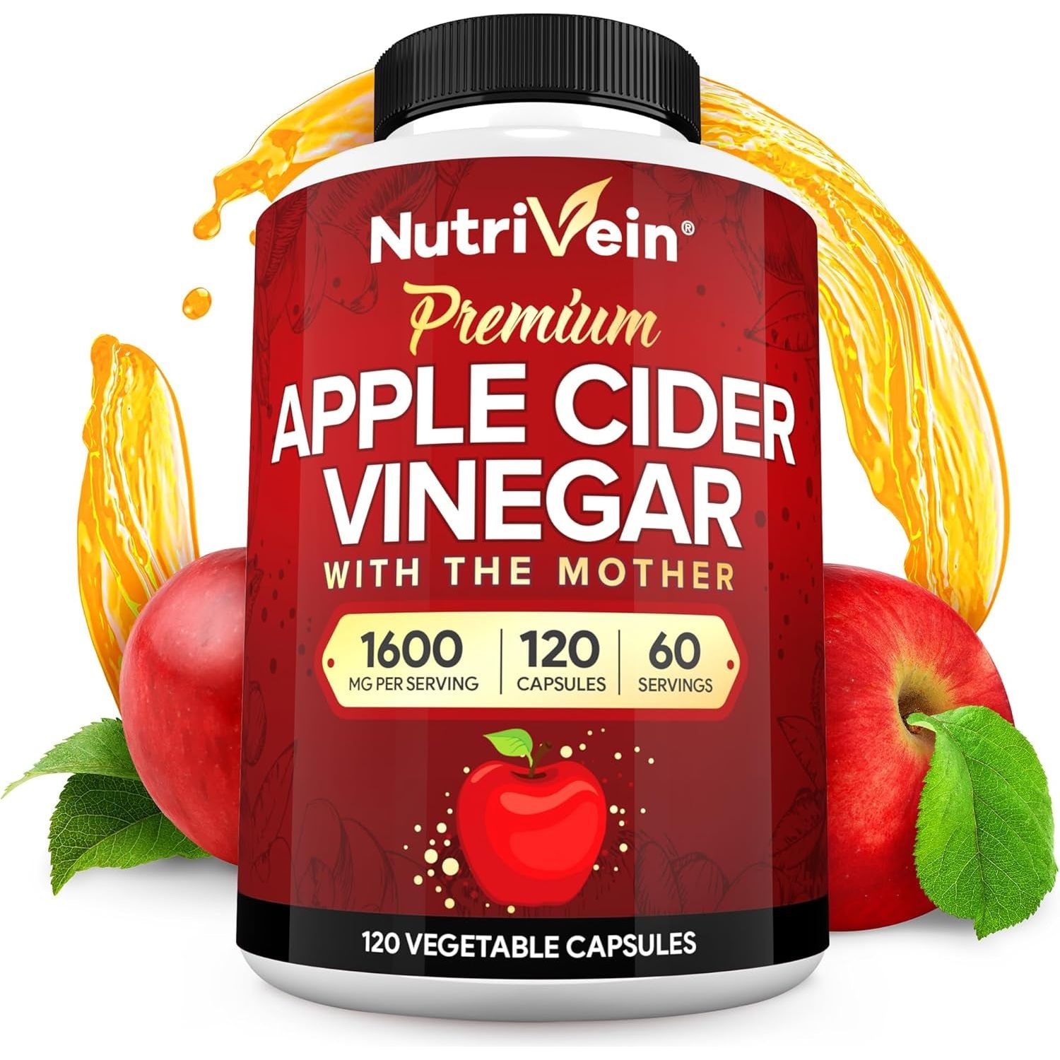 Nutrivein Apple Cider Vinegar Capsules with Mother - 1600Mg - Supports Healthy Diet, Digestion, Keto, Cleanser 120 Pills
