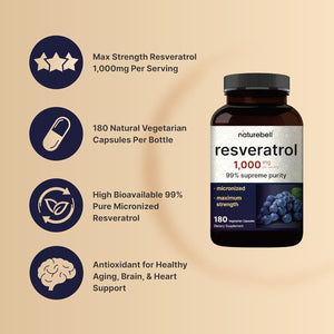 Naturebell Resveratrol Supplement 1000Mg per Serving, for Healthy Aging, Brain & Heart Support 180 Capsules