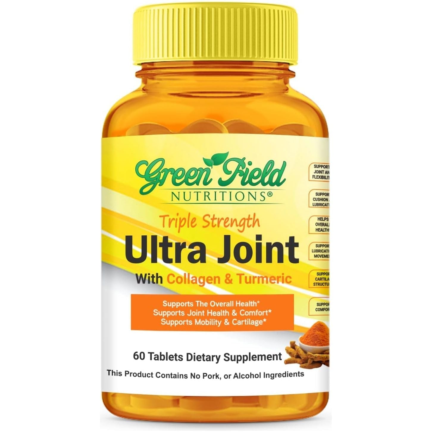 Greenfield Nutritions Ultra Joint Halal Vitamins - Glucosamine Chondroitin/Msm with Turmeric, Collagen, Vitamin C, and Manganese 60 Halal Tablets