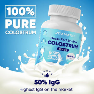 Vitamatic Bovine Colostrum Supplement 1000 Mg - for Gut Health, Hair Growth, Beauty, Muscle Recovery, & Immune Support - 120 Capsules