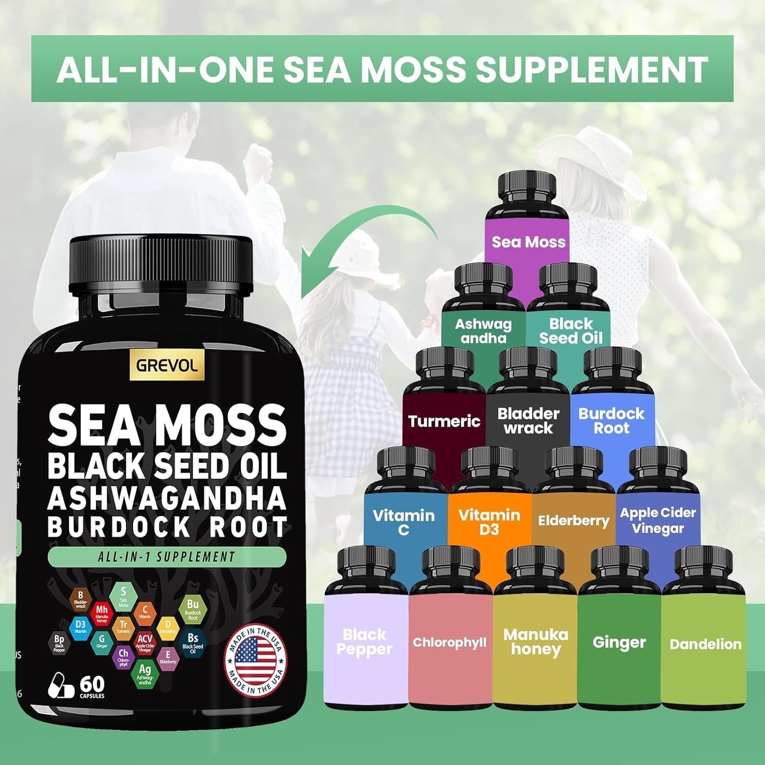 Sea Moss Black Seed Oil Ashwagandha Bladderwrack Burdock Root Turmeric - Multimineral Supplement - 60 Count