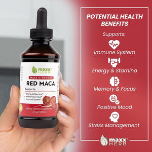 Maxx Herb Red Maca Root Extract - Max Strength Liquid Drops, for Stamina, Memory and Focus - 4 Oz Bottle (60 Servings)