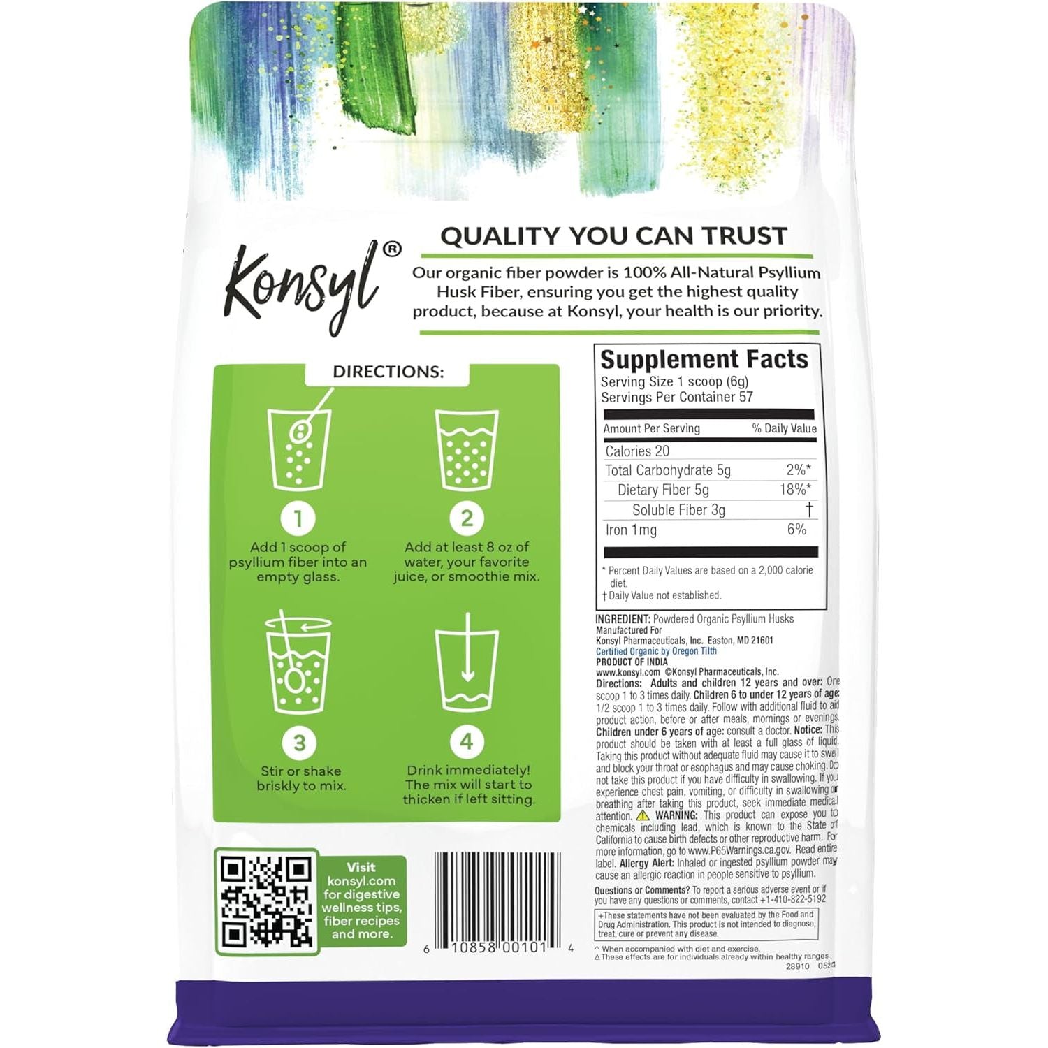 Konsyl Organic Psyllium Fiber - USDA Certified Psyllium Husk Daily Fiber Powder - 340G Gusset Bag