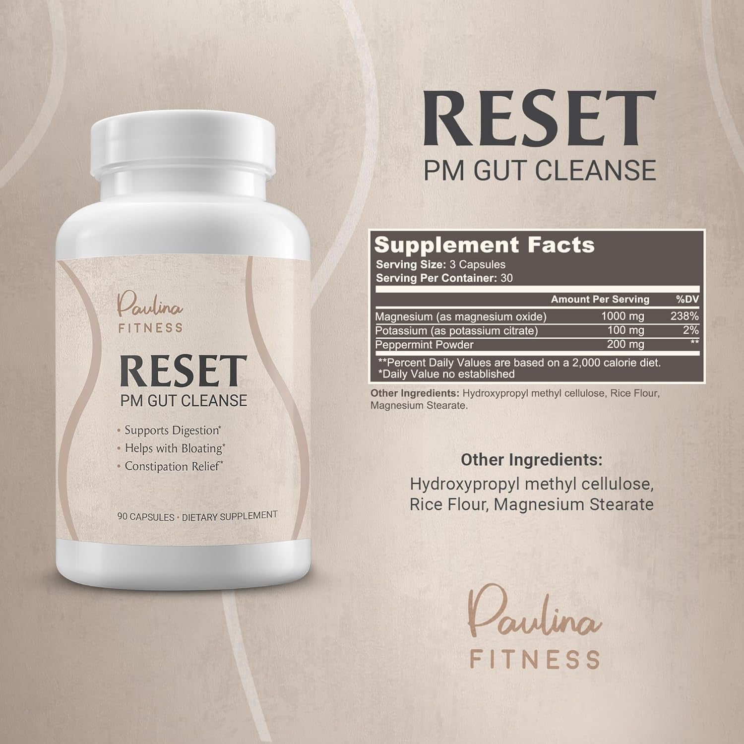 Paulina FITNESS Reset Overnight Digestive Aid, Bloating Relief, & Gut Health Supplement 90 Capsules