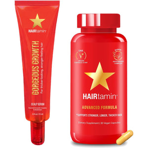 Hairtamin Advanced Hair & Scalp Serum Pack | All-Natural Vegan Biotin Capsules & Serum Sample for Hair, Skin & Nail Growth
