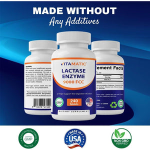 Vitamatic Lactase Enzyme 9000 FCC 240 Tablets - Lactose Intolerance Relief Caplets