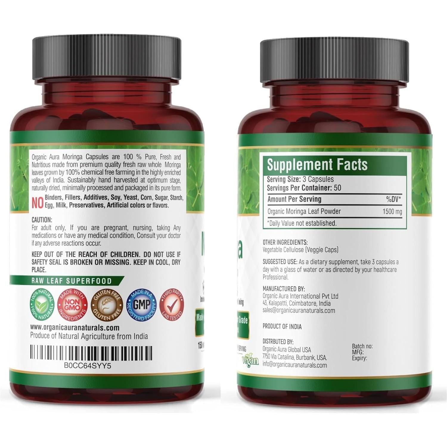 Organic Aura Moringa Leaf Capsules 1500Mg - Boosts Metabolism, Energy, Health, & Stamina