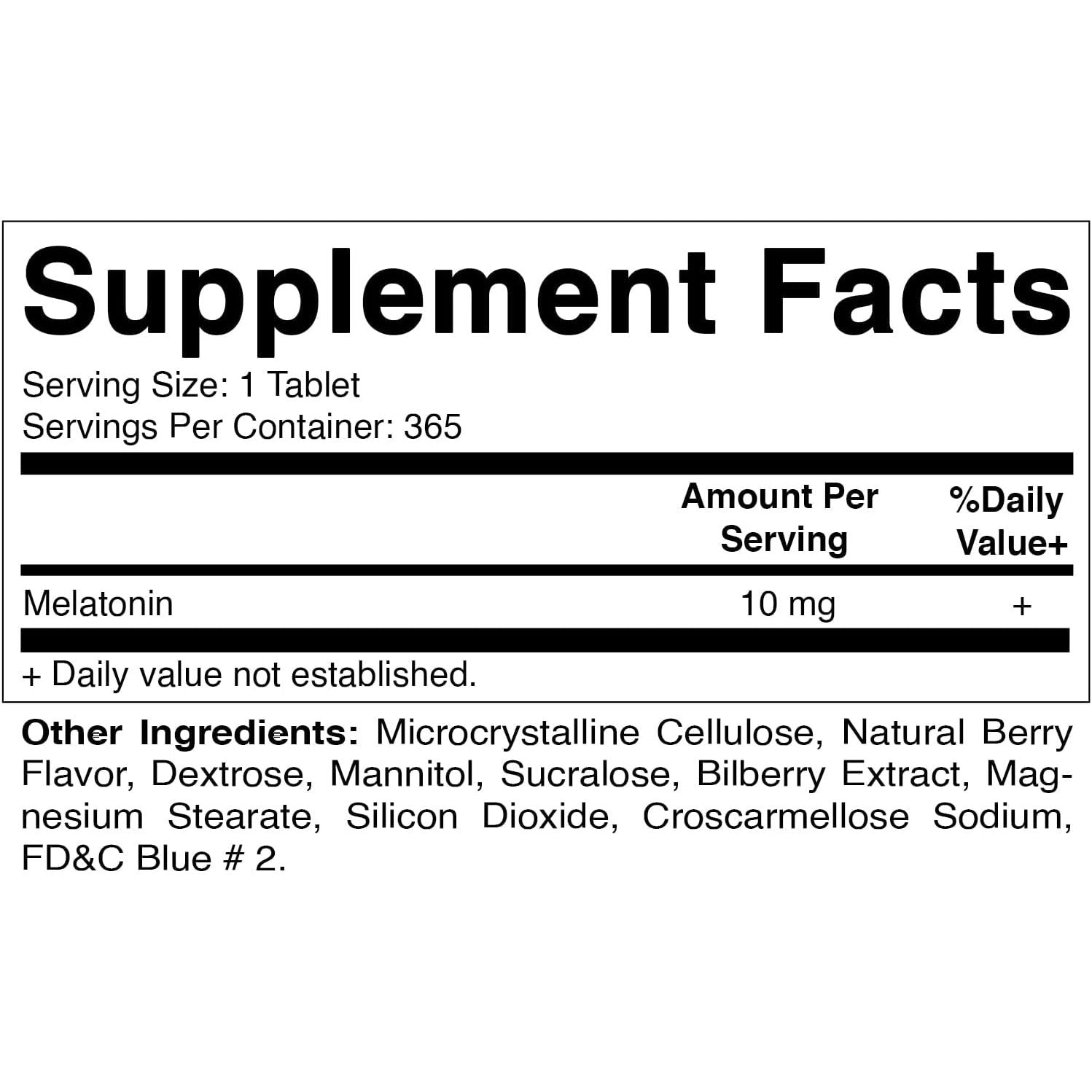 Vitamatic Melatonin 10Mg - 1 Year Supply | Natural Berry Flavor - 365 Tablets