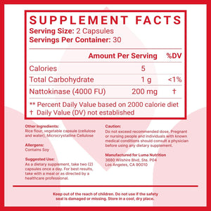 Luma Nutrition Nattokinase Supplement 4000 FU per Serving, Premium Heart Health Support - 60 Capsules - Made in USA