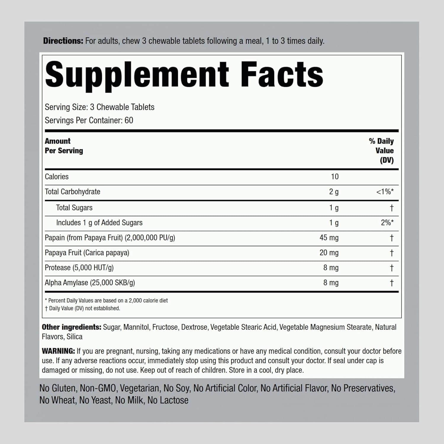 Piping Rock Papaya Enzymes Chewable | 180 Tablets | Vegetarian Digestion Formula