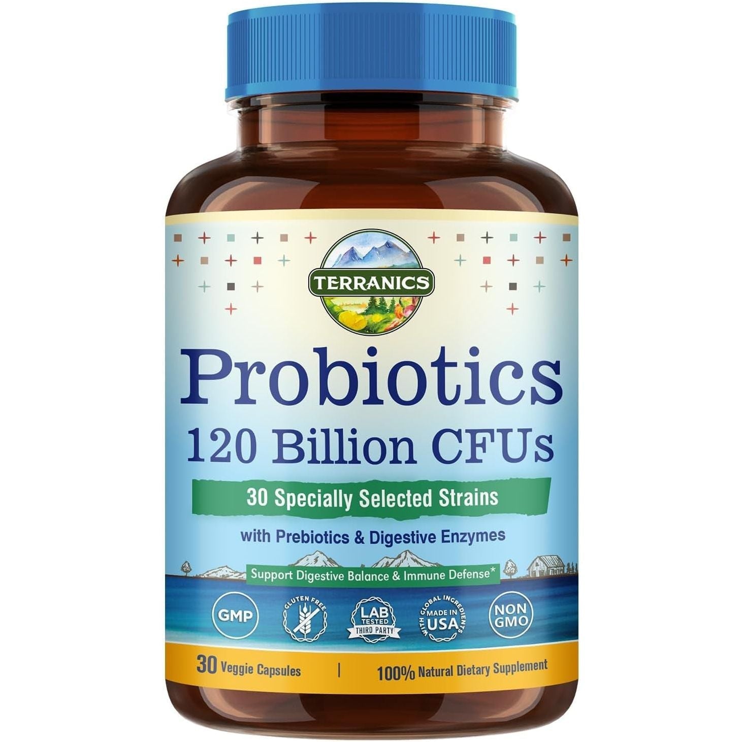 Terranics Probiotics 120 Billion with Prebiotics & Digestive Enzymes, Complete Digestion & Immune Support 30 Capsules