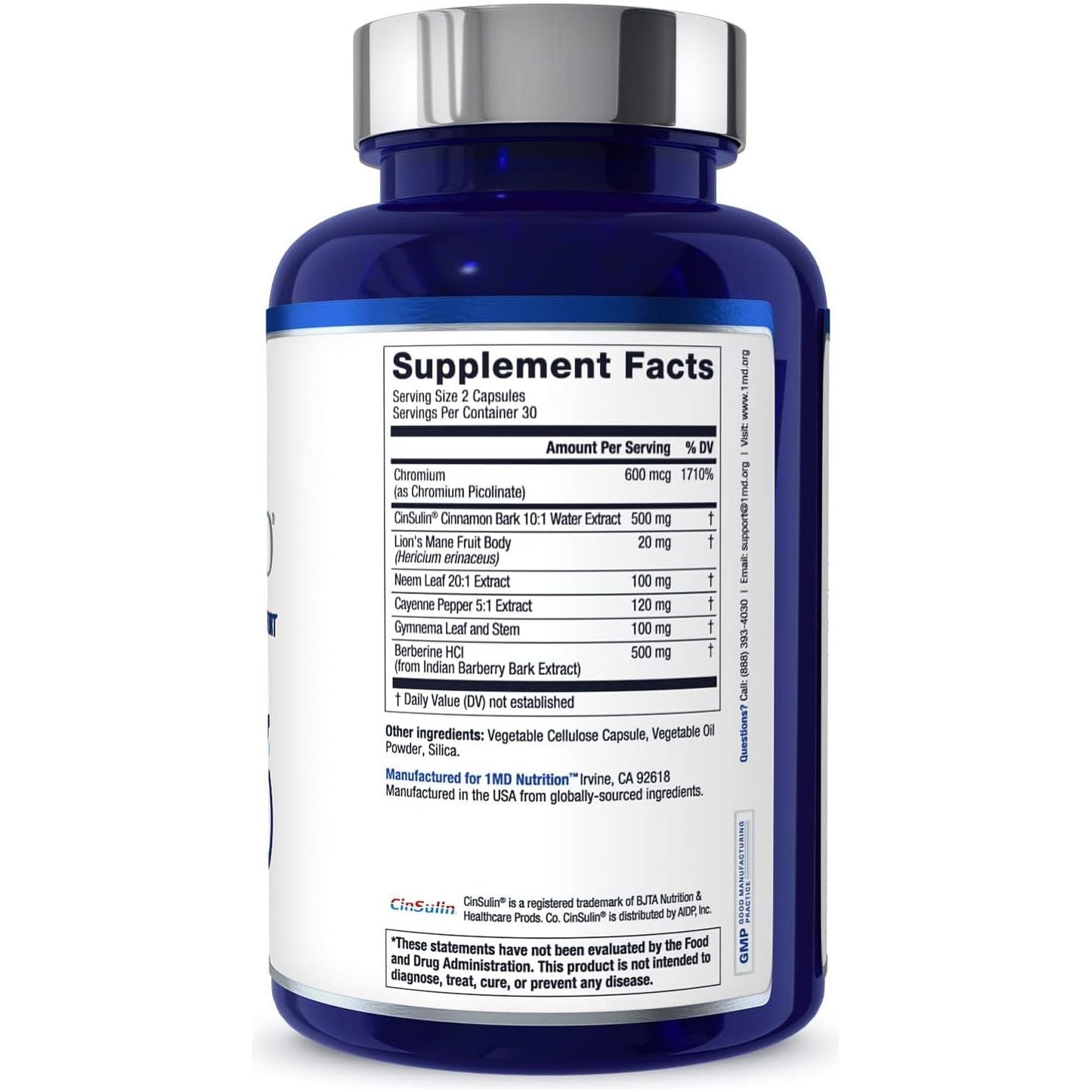 1MD Nutrition - Cinnamon Bark 10:1 Water Extract, Chromium, Neem Leaf, Berberine, Cayenne Pepper 5:1 Extract, Lion'S Mane, Gymnema Leaf and Stem - 60 Capsules