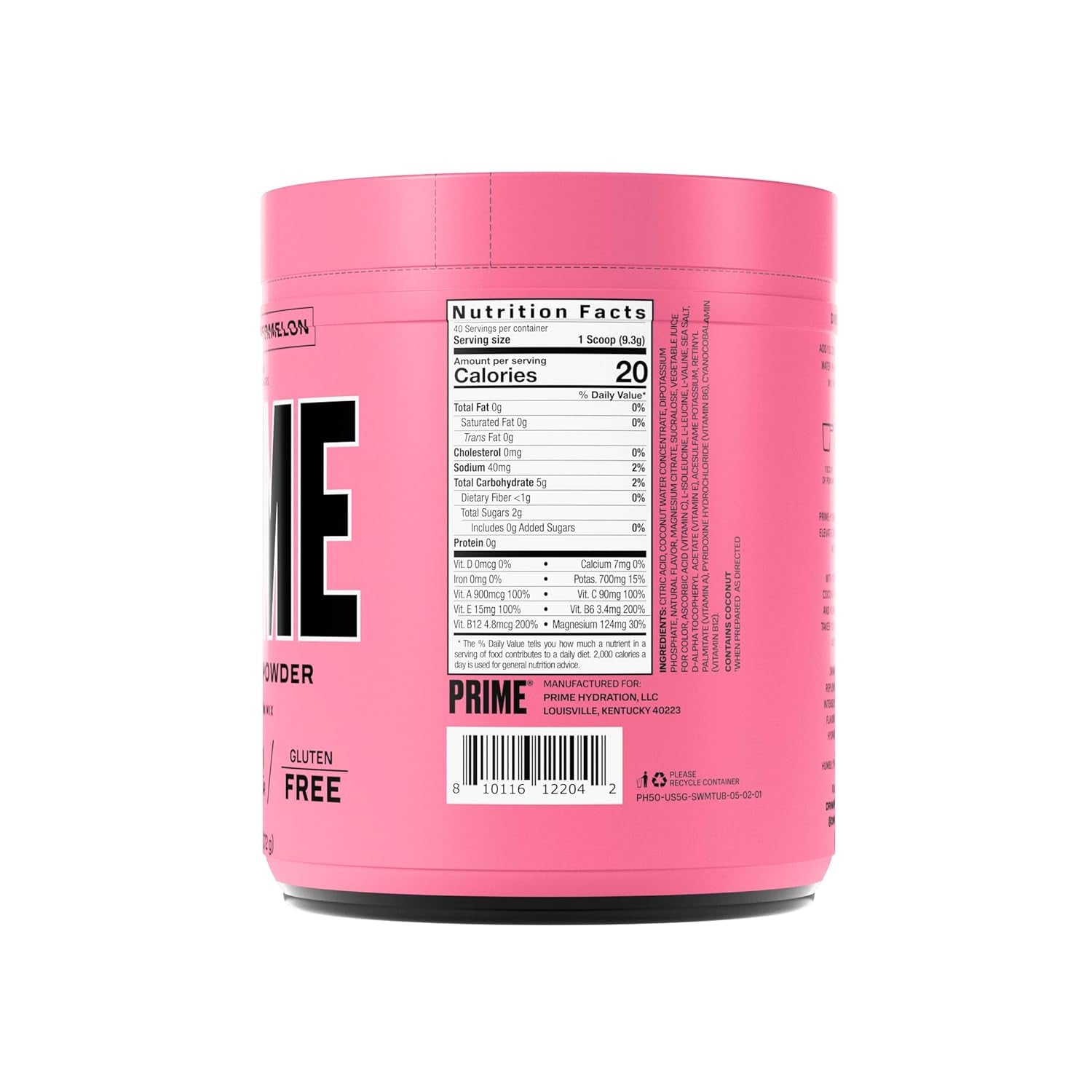 PRIME HYDRATION+ Powder STRAWBERRY WATERMELON, 250Mg Bcaas, B Vitamins, Low Sugar, 5 Gallon Tub