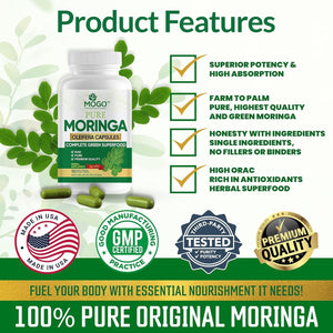 MOGO Organic Moringa Powder Capsules, for Energy, Immunity & Joint Health, 180 Count