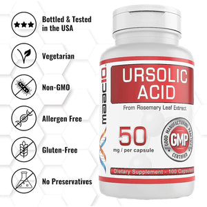 MAAC10 Ursolic Acid 50Mg | Sourced from Rosemary Extract | AMPK & Sirtuin Activator (100 Capsules)
