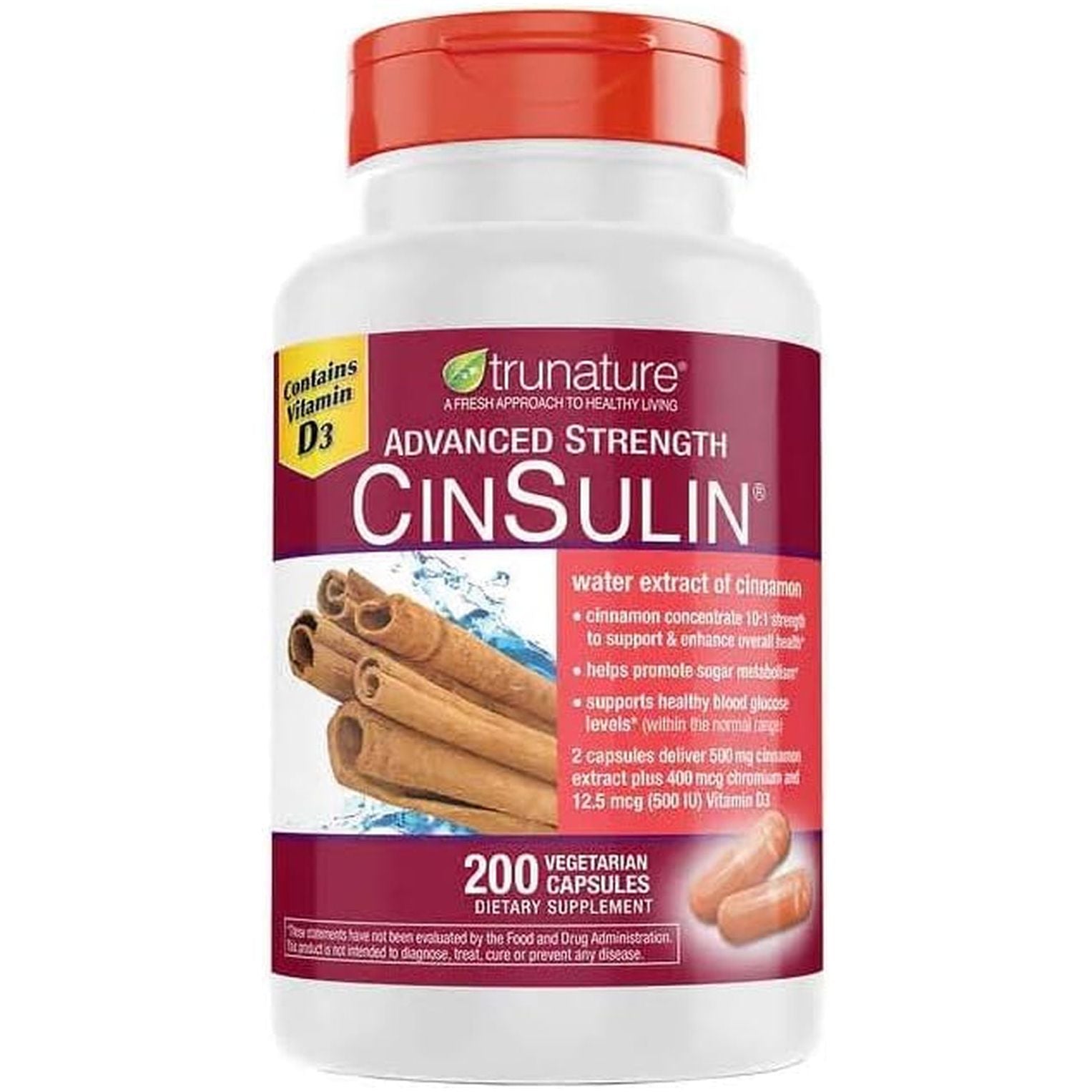 Tru Nature Cinsulin Advanced Strength Cinnamon Extract 500Mg, 200 Vegetarian Capsules