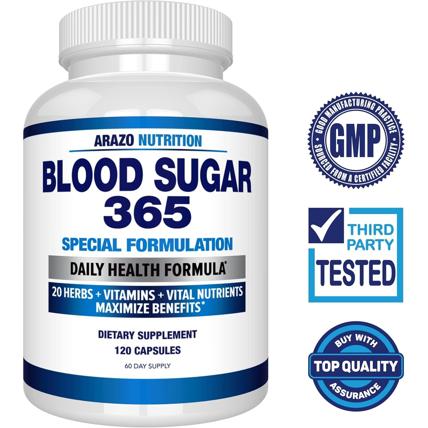 Arazo Nutrition Blood Sugar 365 Supplement – Supports Healthy Energy Levels - 120 Herbal Pills - 60 Day Supply