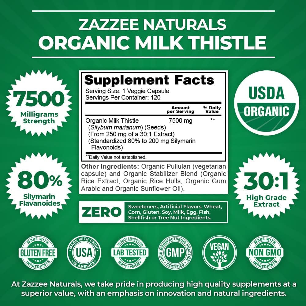 Zazzee USDA Organic Milk Thistle 30:1 Extract, 7500 Mg Strength, 120 Vegan Capsules