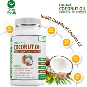 Organic Coconut Oil Capsules - Cold Pressed for Healthy Skin, Extra Hair Growth, Nail Care, Brain Booster - 120 Softgels/2000Mg