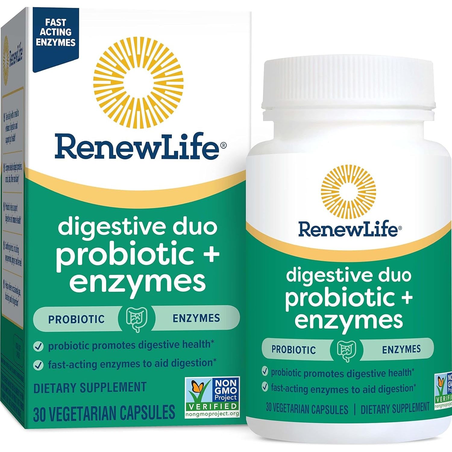 Renew Life Digestive Duo Probiotic and Enzymes Vegetarian Capsules To Promote Digestive Health - 30 Count