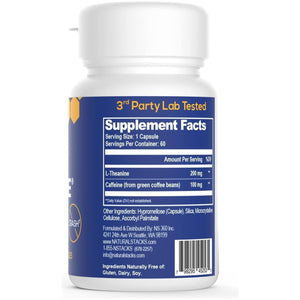 NATURAL STACKS Smart Caffeine Pills - 100Mg Caffeine + 200Mg L-Theanine Supplement 60 Capsules