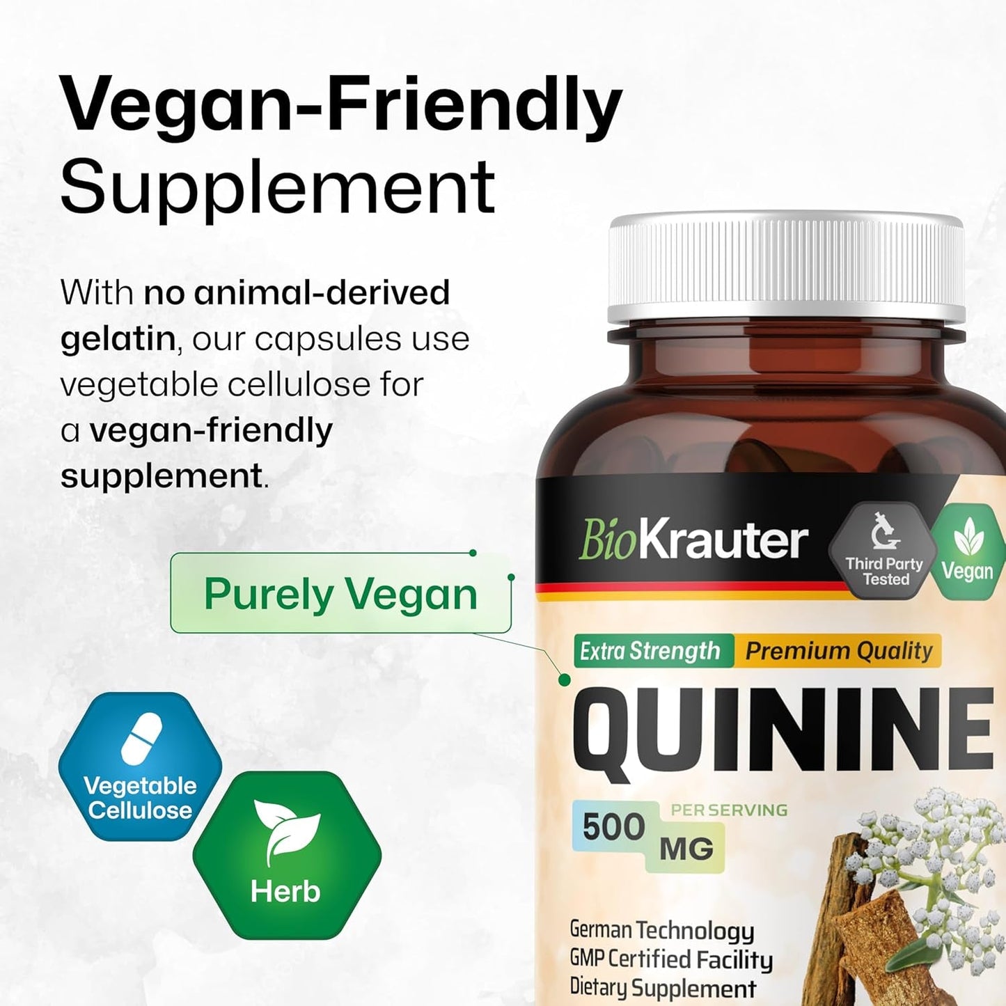 BIO KRAUTER Quinine for Leg Cramps Capsules 500 Mg - 100 Count - Cinchona Bark Powder - Quinine Capsules - Vegan, No Fillers