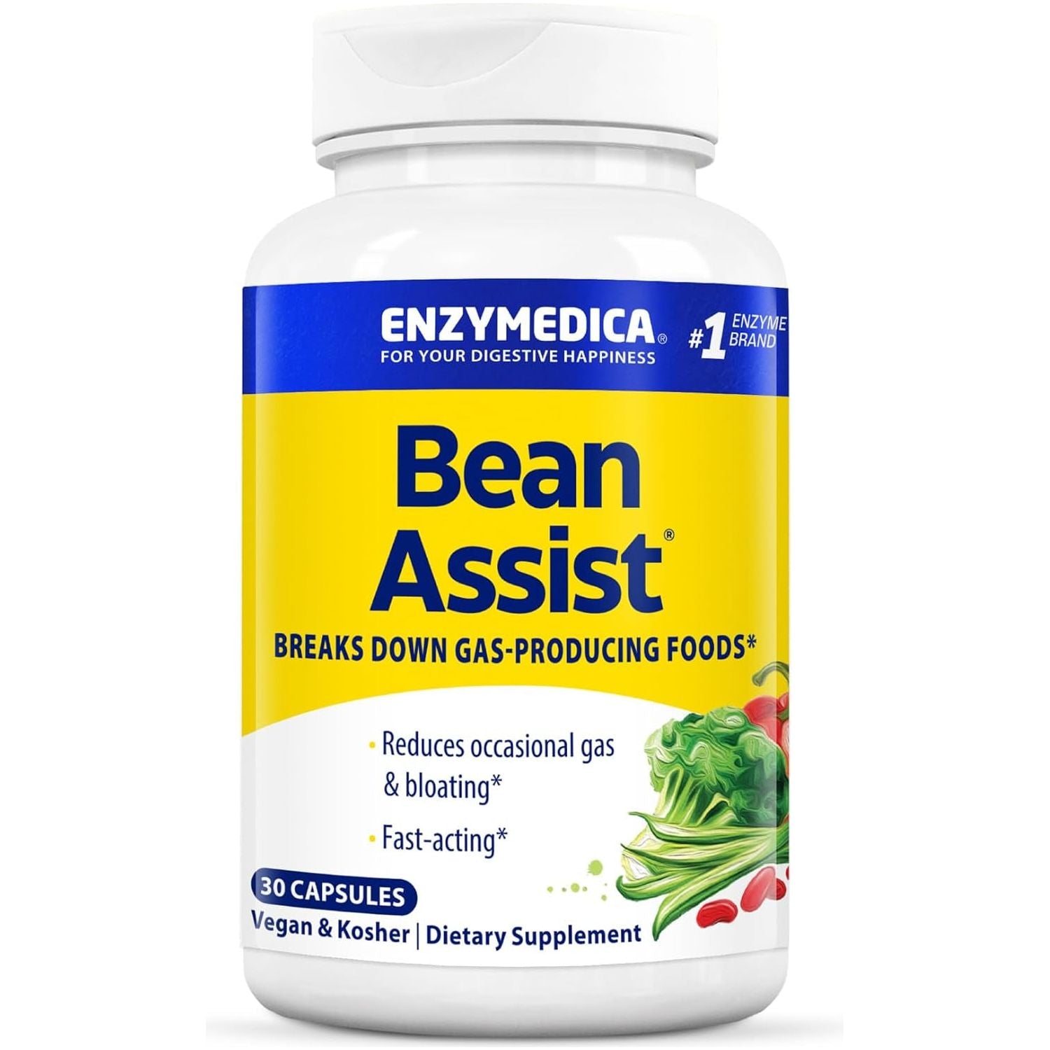 Enzymedica, Bean Assist, Fast-Acting Digestive Enzymes for Gas and Bloating, 30 Capsules
