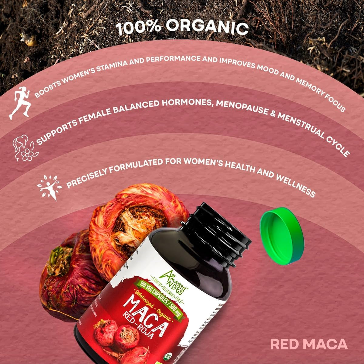Amazon Andes Red Maca Root Capsules - Female Health Supplement - 100 Vegan Pills (1500Mg) - Made in Peru