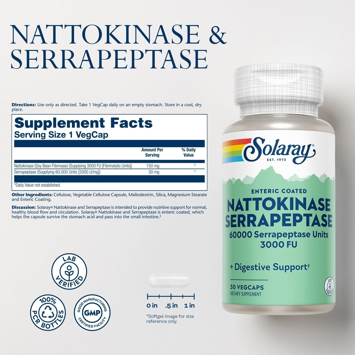 SOLARAY Nattokinase Serrapeptase Supplement - 3000 FU - Circulation, Cardiovascular, Sinus Support - 30 Servings