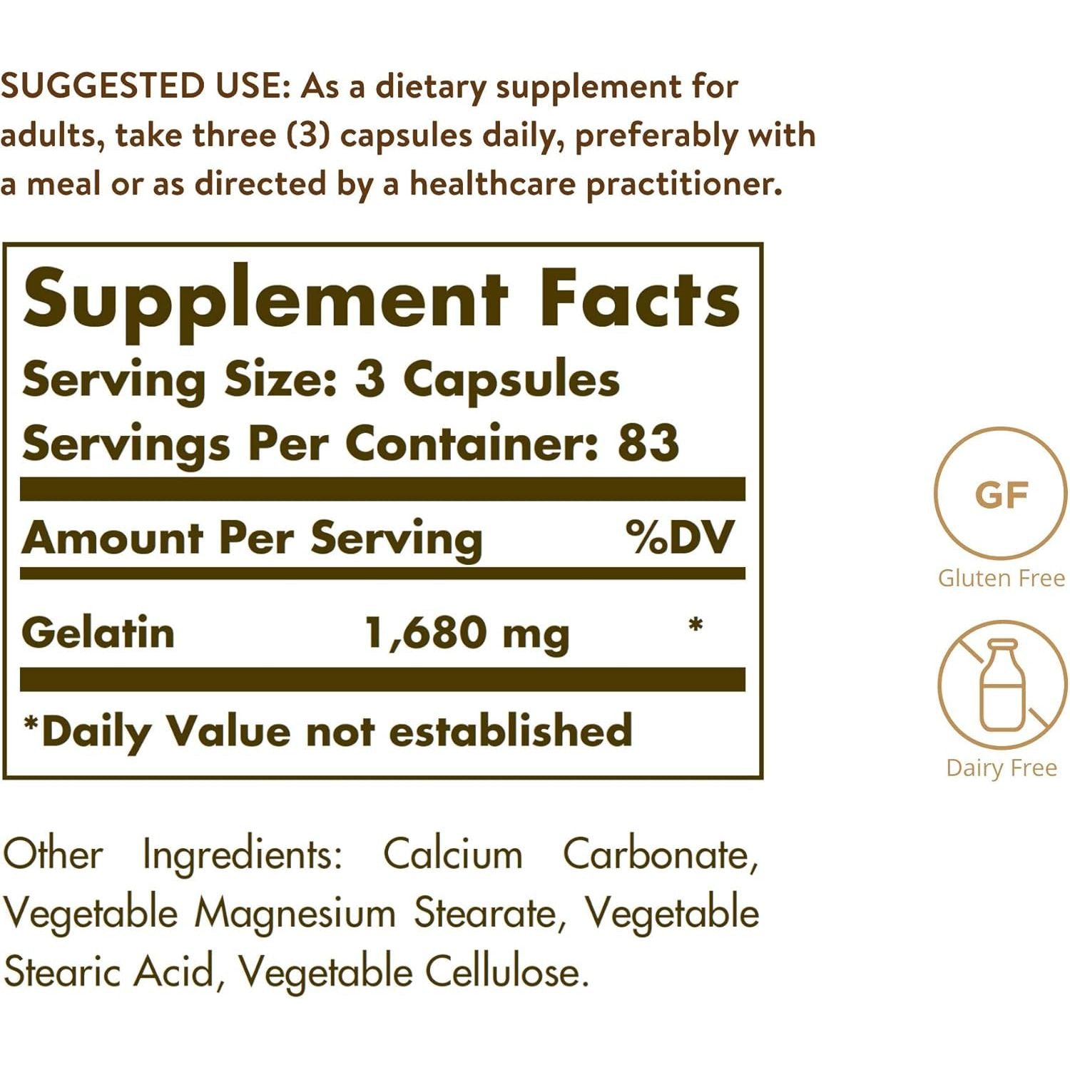 Solgar Gelatin 1680 Mg - Supports Bone, Joint & Skin Health - Gluten Free, Dairy Free - 83 Servings