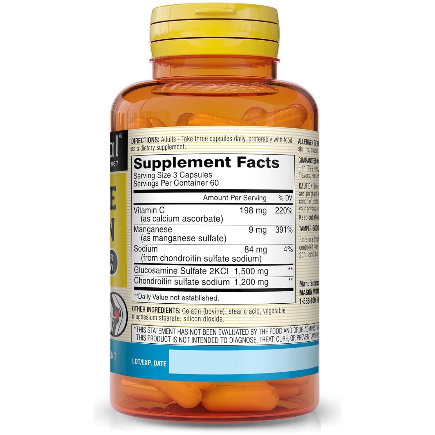 Mason Natural Glucosamine Chondroitin 1500/1200 with Vitamin C - Supports Joint Health, Improved Flexibility and Mobility, 60 Servings