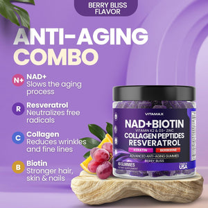 NAD+, Resveratrol, Berberine, & Biotin Anti-Aging Gummy - Hair, Skin, Nails & Joint Supplement - Made in USA 60 Count