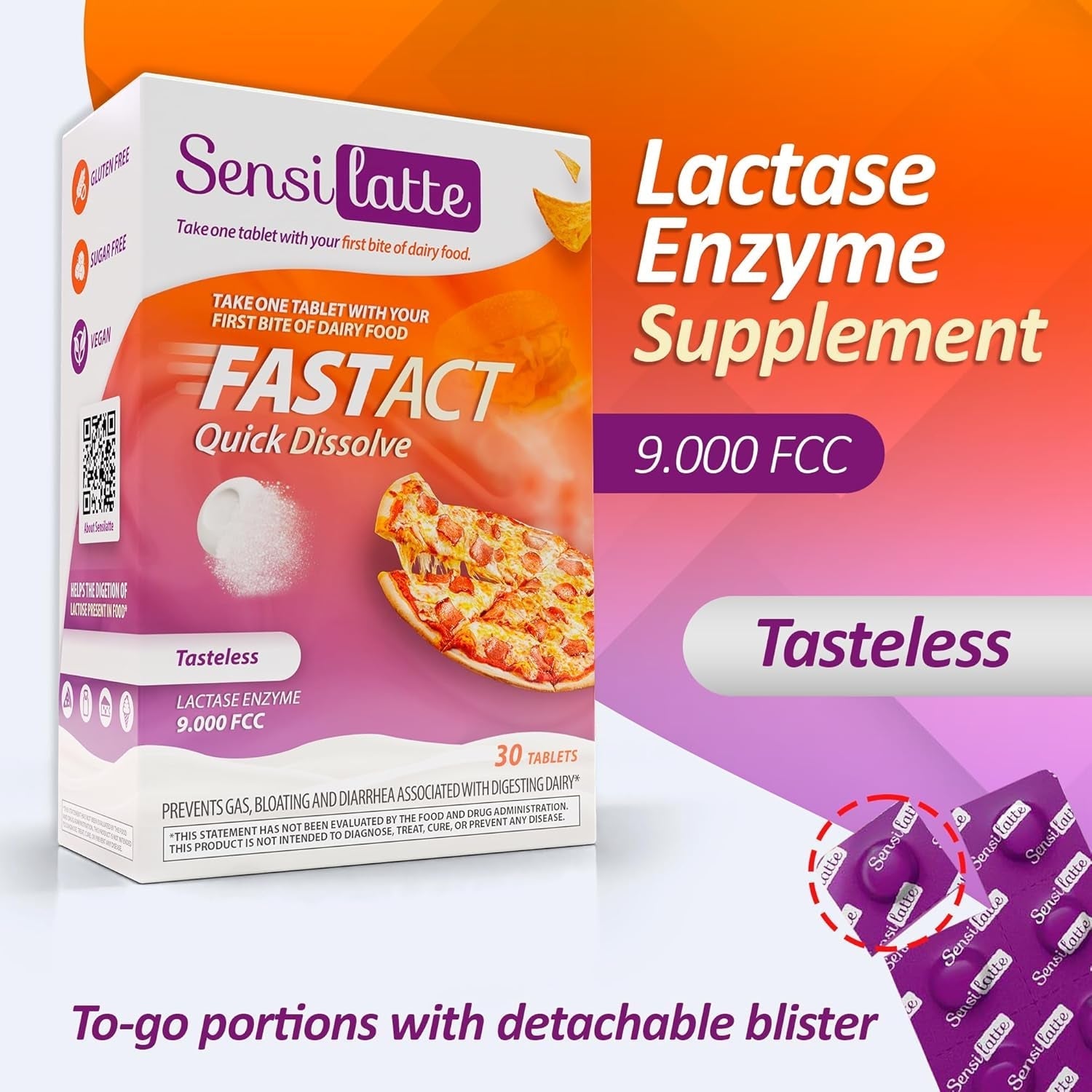 Lactase Enzyme Supplement (9.000 Fcc) - Quick Results for Dairy Ingestion, Quick Dissolve in Your Mouth 30 Tablets - SENSILATTE