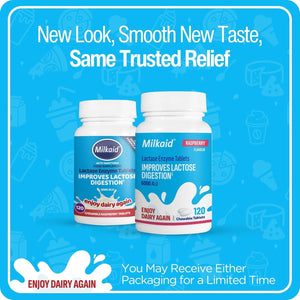 Milkaid Lactase Enzyme Chewable Tablets for Lactose Intolerance Relief | Prevents Gas, Bloating & Diarrhea | 120 Tablets