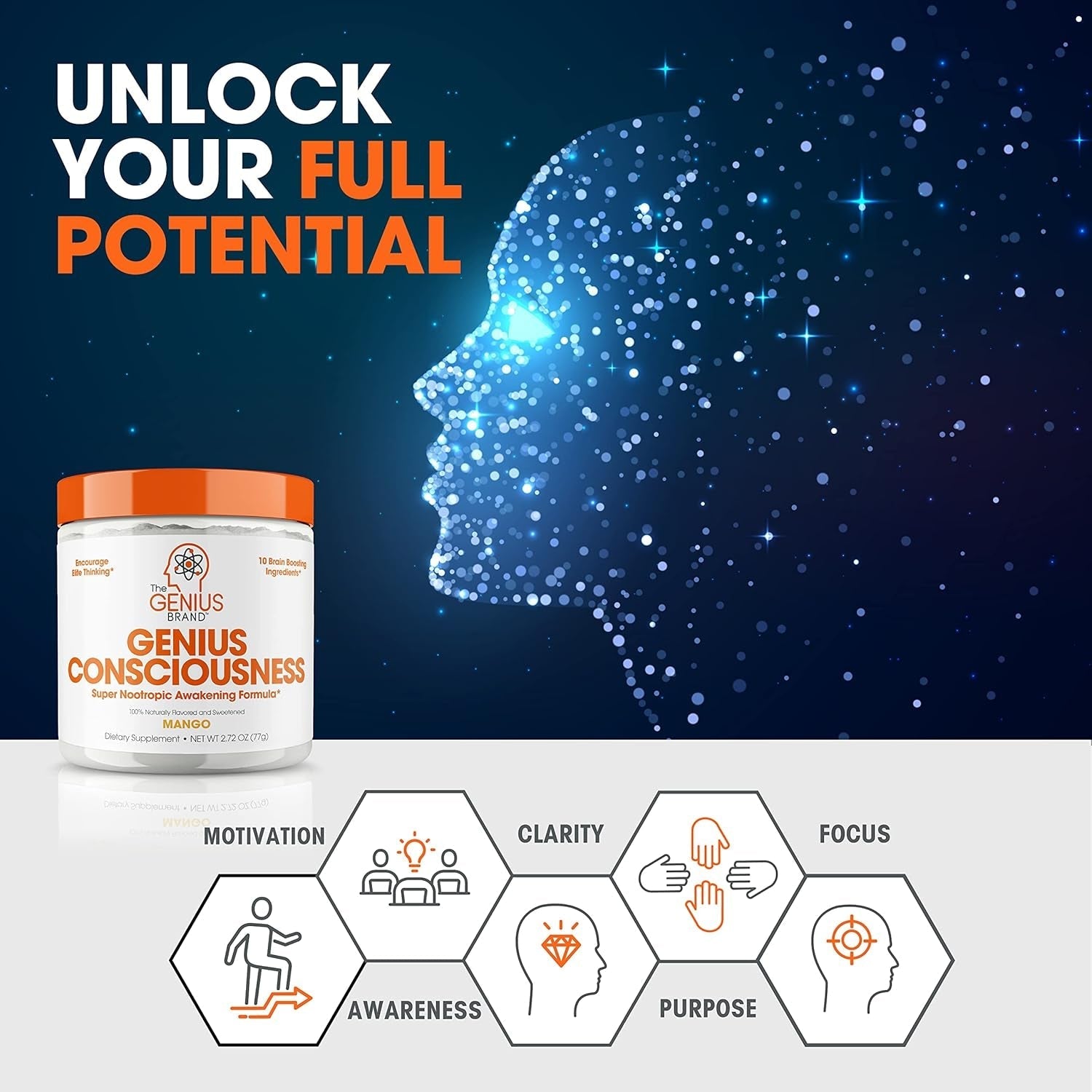 Genius Consciousness, Super Nootropic Brain Supplement Powder, Mango - Boost Focus, Cognitive Function, Concentration & Memory Booster