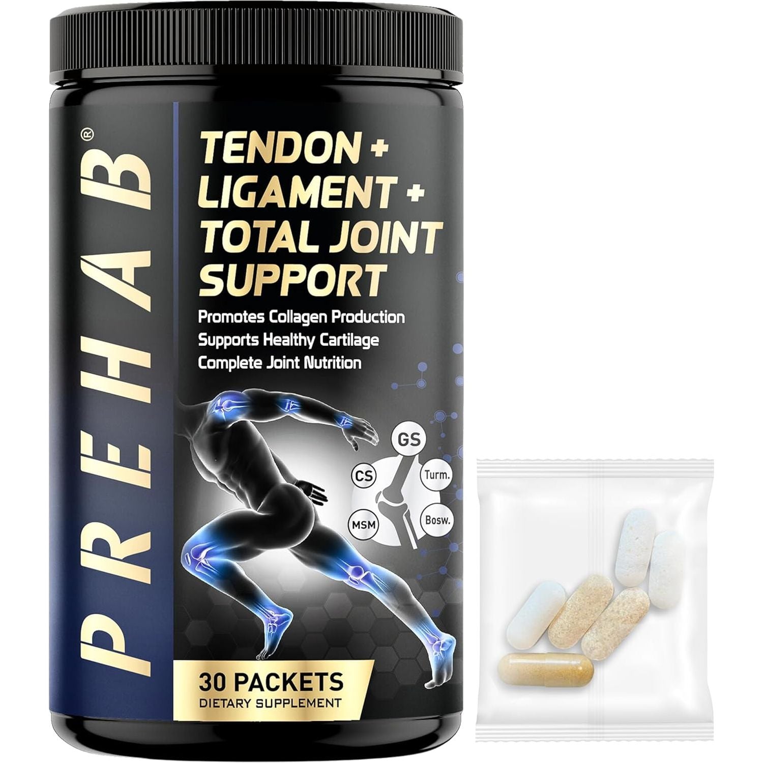 PREHAB Tendon + Ligament + Total Joint Support for Athletes with Glucosamine Chondroitin MSM Turmeric Boswellia