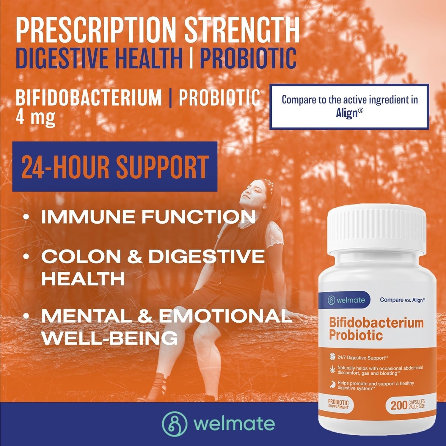 WELMATE Bifidobacterium | Probiotic Supplement | Supports Gut Health | Immune Support 200 Count